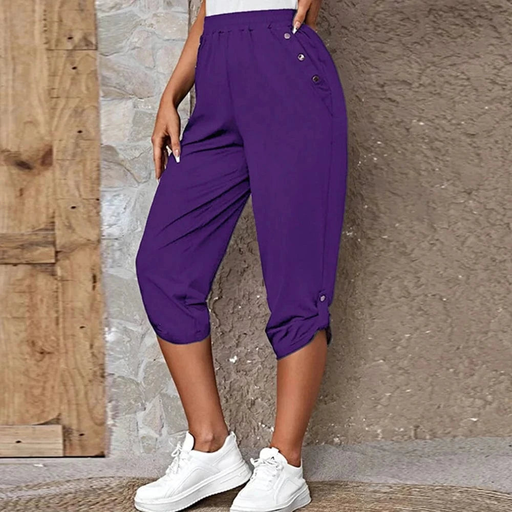 PURPLE / M Women Elastic Waist Pants Summer Solid Color Casual Trousers Bottom Elegant Fashion Office Lady Loose Cropped Pants S-3XL