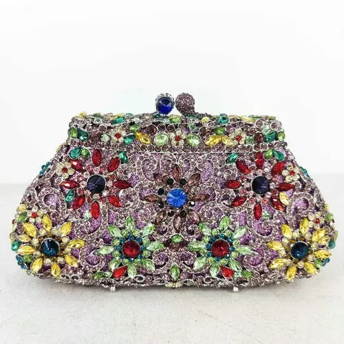 Purple Mixed 13 / Mini Size / CHINA Boutique De FGG (in stock) Flower Crown Clutch Silver Crystal Evening Handbag Women Party Prom Bag Bridal Clutches Wedding Purse