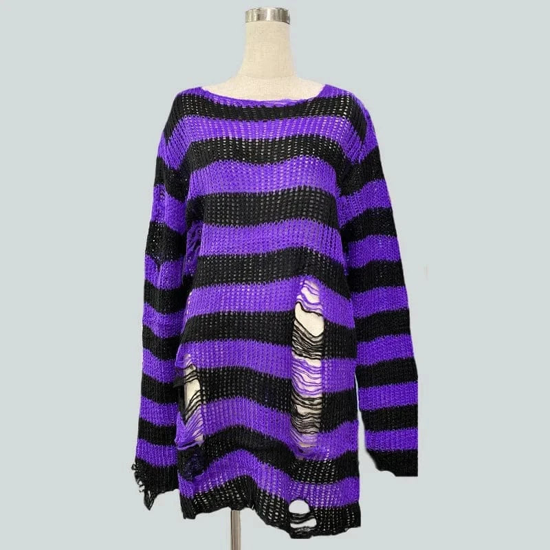 Purple / One Size 90s Goth Punk Women Street Fashion Stripe Loose Gothic Knitted Ripped Distressed Design Jumper Oversized Pullovers Top Sweater