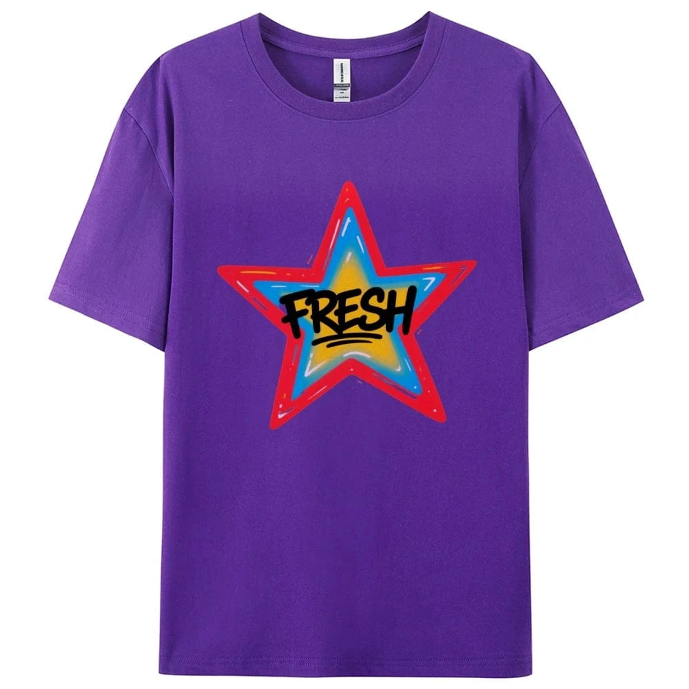 PURPLE / S Graffiti Style FRESH Colorful Star Graphic Tee Casual White T-Shirt with Vibrant Gradient Star Design for Trendy Urban Fashion
