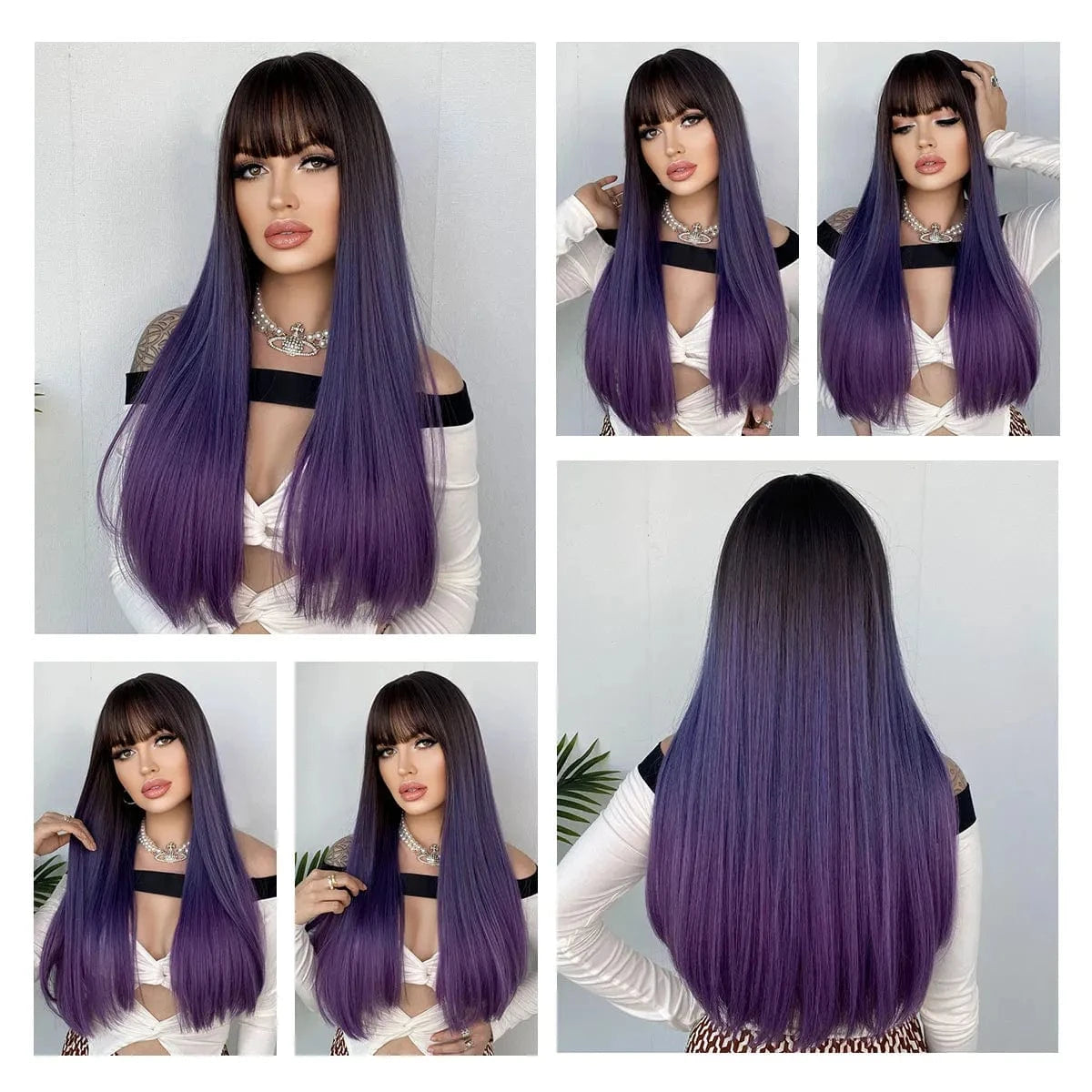 Purple Wig for Women Long Straight Wig with Bangs Synthetic Ombre Colored Hair for Cosplay Party 26 Inch Ombre Purple