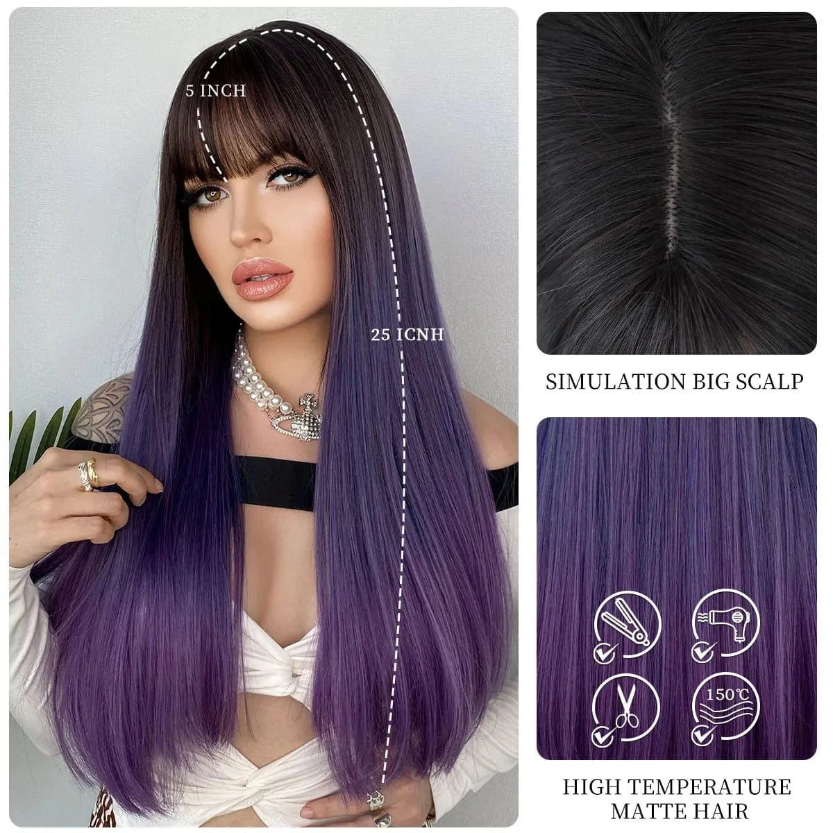 Purple Wig for Women Long Straight Wig with Bangs Synthetic Ombre Colored Hair for Cosplay Party 26 Inch Ombre Purple