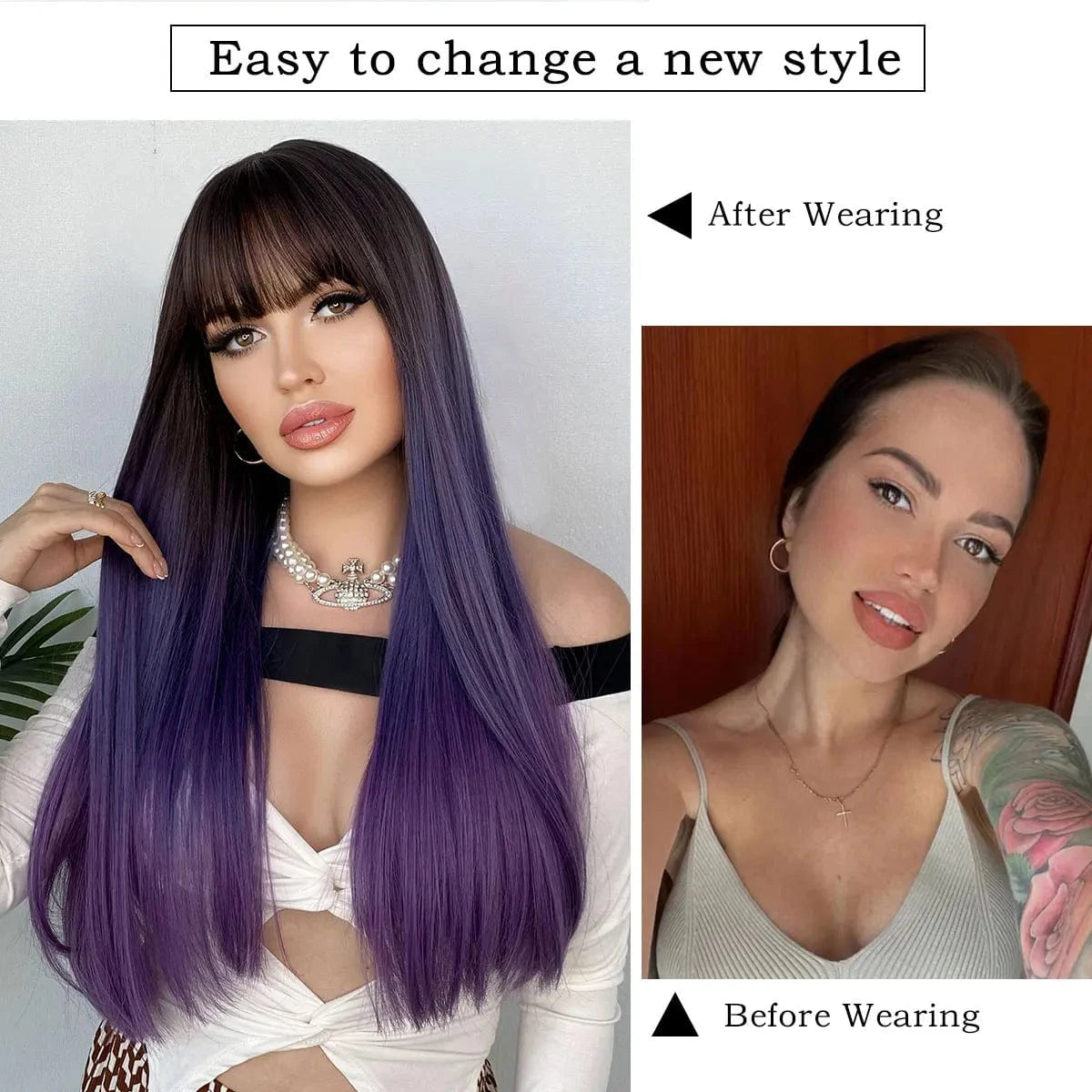 Purple Wig for Women Long Straight Wig with Bangs Synthetic Ombre Colored Hair for Cosplay Party 26 Inch Ombre Purple