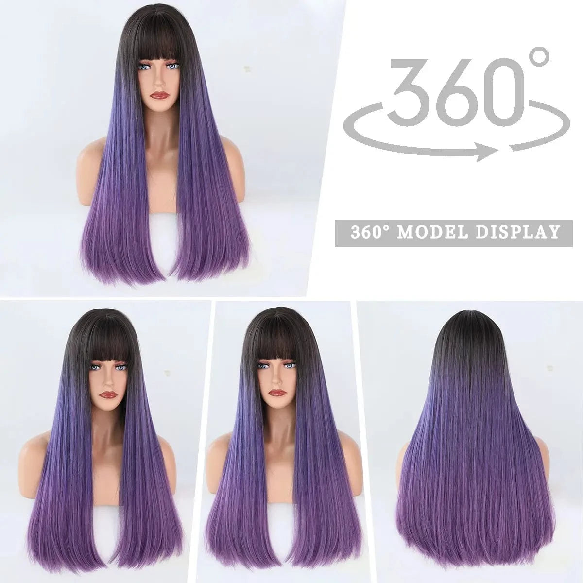 Purple Wig for Women Long Straight Wig with Bangs Synthetic Ombre Colored Hair for Cosplay Party 26 Inch Ombre Purple