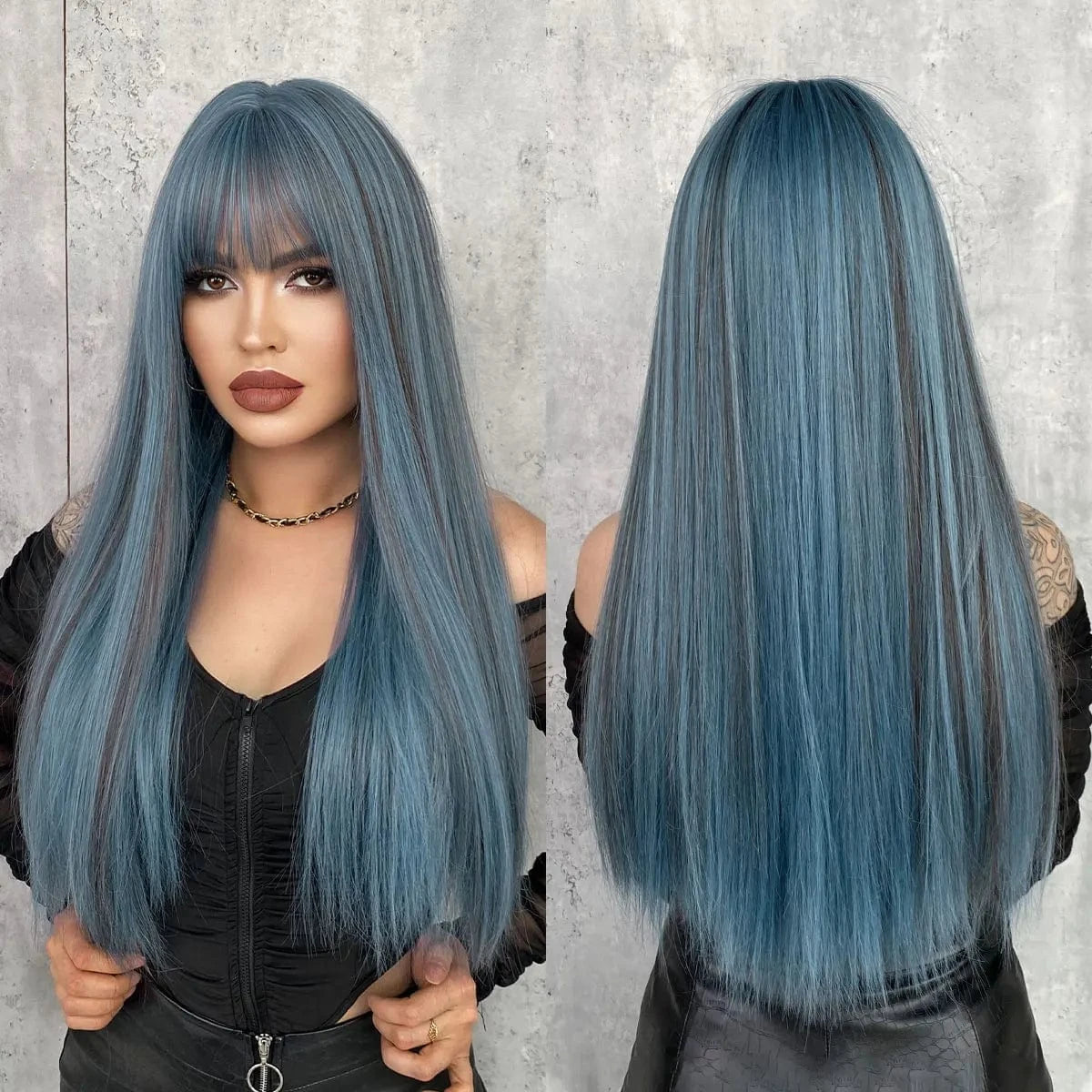 Purple Wig for Women Long Straight Wig with Bangs Synthetic Ombre Colored Hair for Cosplay Party 26 Inch Ombre Purple