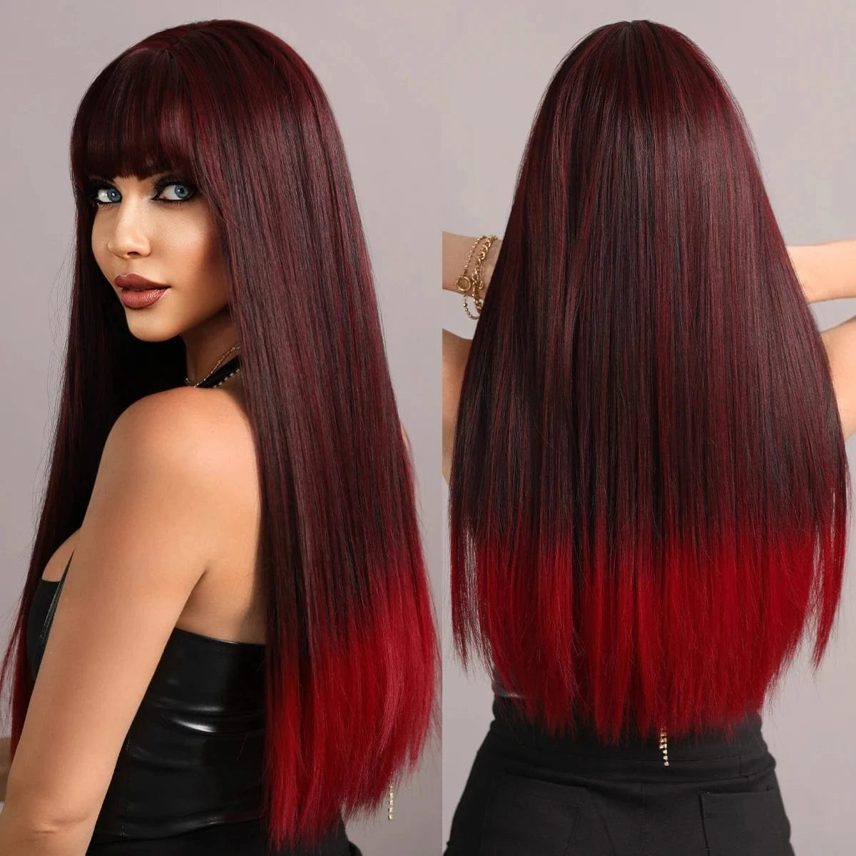 Purple Wig for Women Long Straight Wig with Bangs Synthetic Ombre Colored Hair for Cosplay Party 26 Inch Ombre Purple