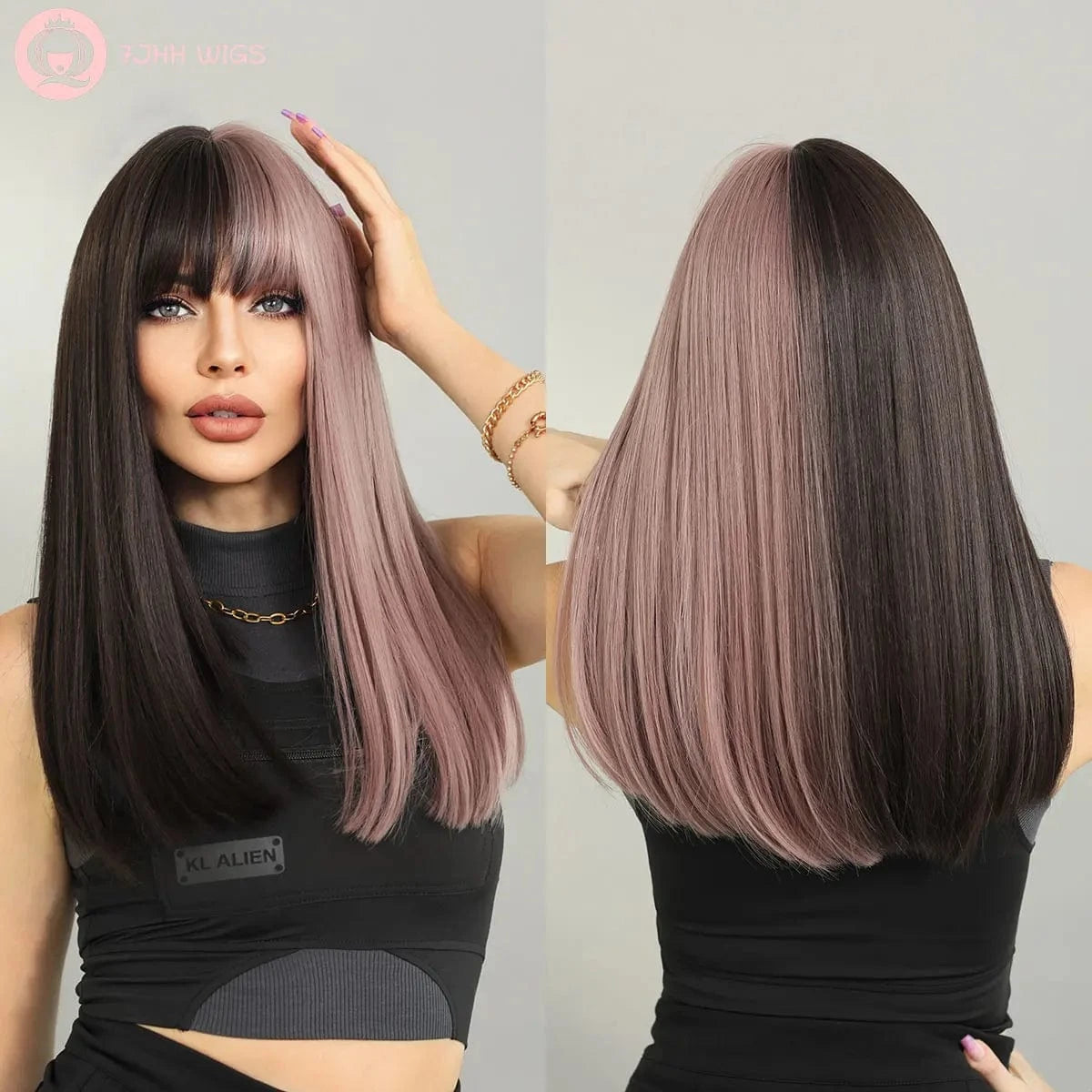Purple Wig for Women Long Straight Wig with Bangs Synthetic Ombre Colored Hair for Cosplay Party 26 Inch Ombre Purple
