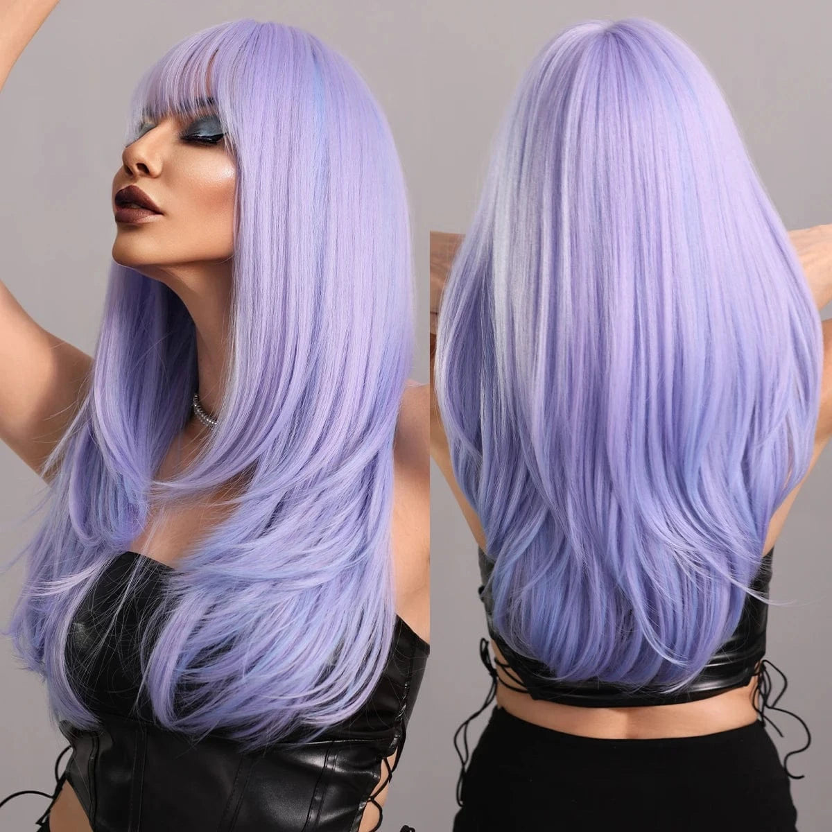 Purple Wig for Women Long Straight Wig with Bangs Synthetic Ombre Colored Hair for Cosplay Party 26 Inch Ombre Purple