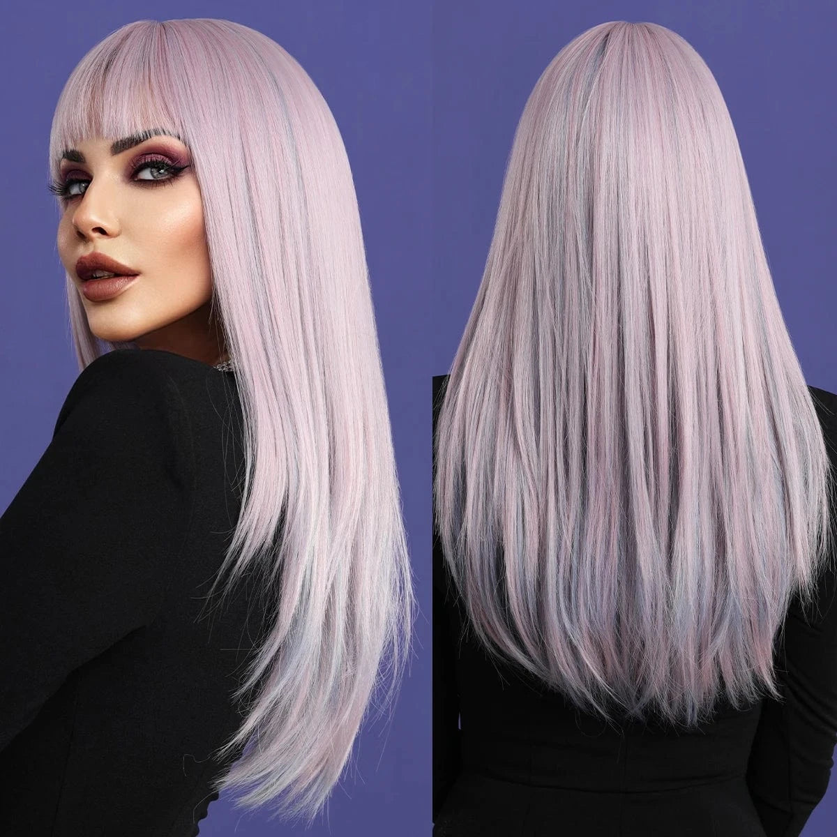 Purple Wig for Women Long Straight Wig with Bangs Synthetic Ombre Colored Hair for Cosplay Party 26 Inch Ombre Purple