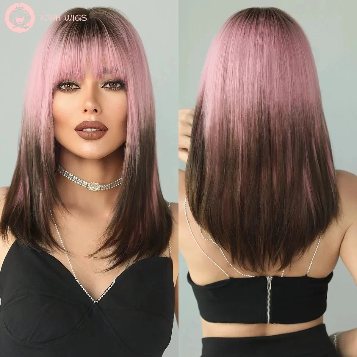 Purple Wig for Women Long Straight Wig with Bangs Synthetic Ombre Colored Hair for Cosplay Party 26 Inch Ombre Purple