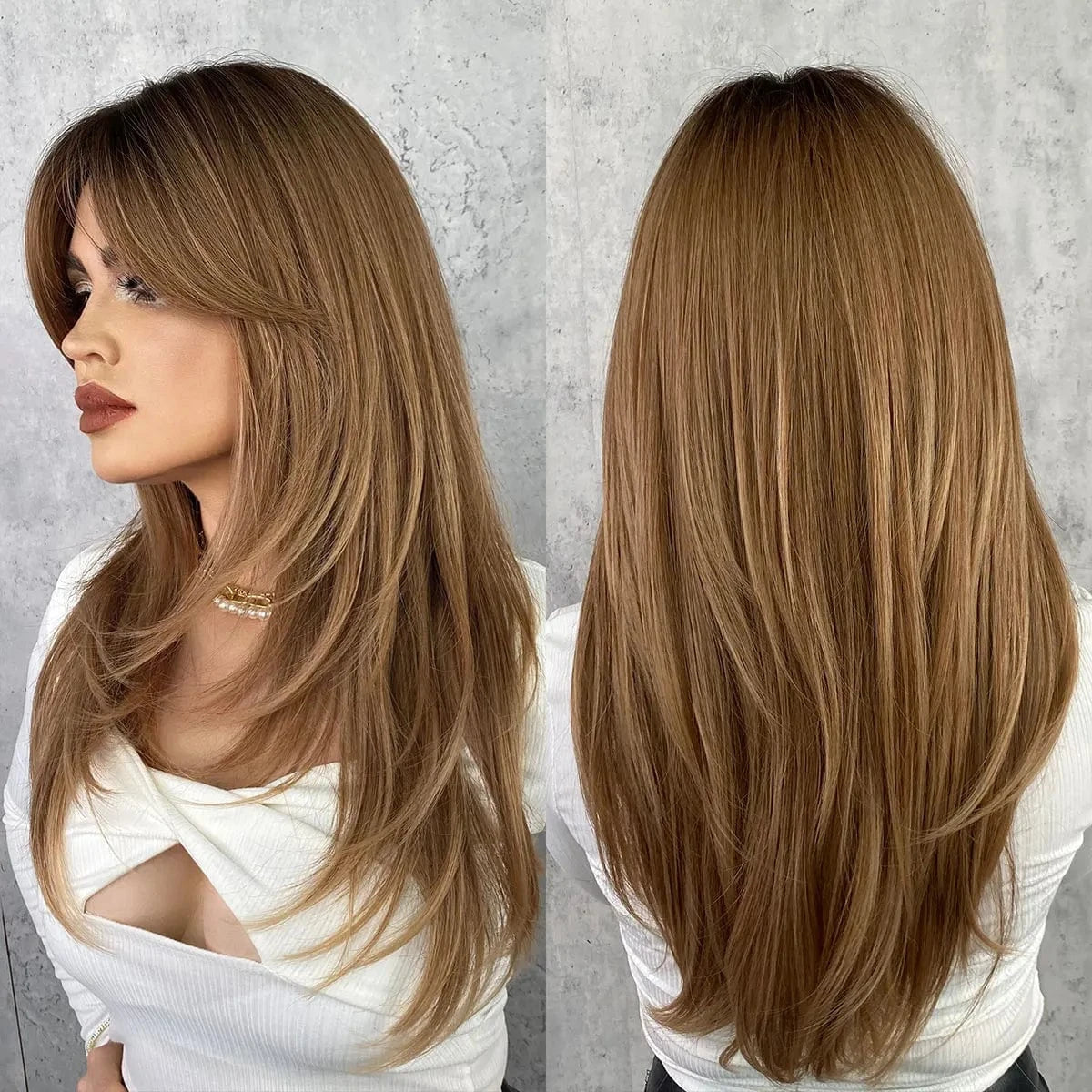 Purple Wig for Women Long Straight Wig with Bangs Synthetic Ombre Colored Hair for Cosplay Party 26 Inch Ombre Purple