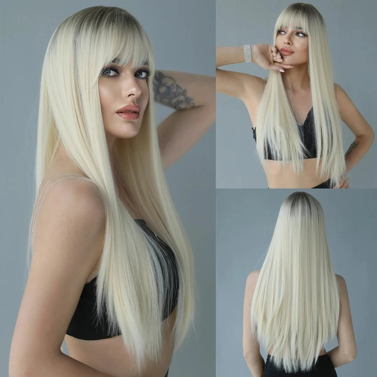Purple Wig for Women Long Straight Wig with Bangs Synthetic Ombre Colored Hair for Cosplay Party 26 Inch Ombre Purple