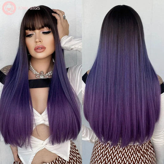 Purple Wig for Women Long Straight Wig with Bangs Synthetic Ombre Colored Hair for Cosplay Party 26 Inch Ombre Purple