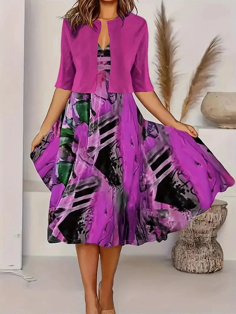 PURPLE / XL 2024 Europe and the United States autumn new women's long dress two-piece set of floral print round neck dress coat women