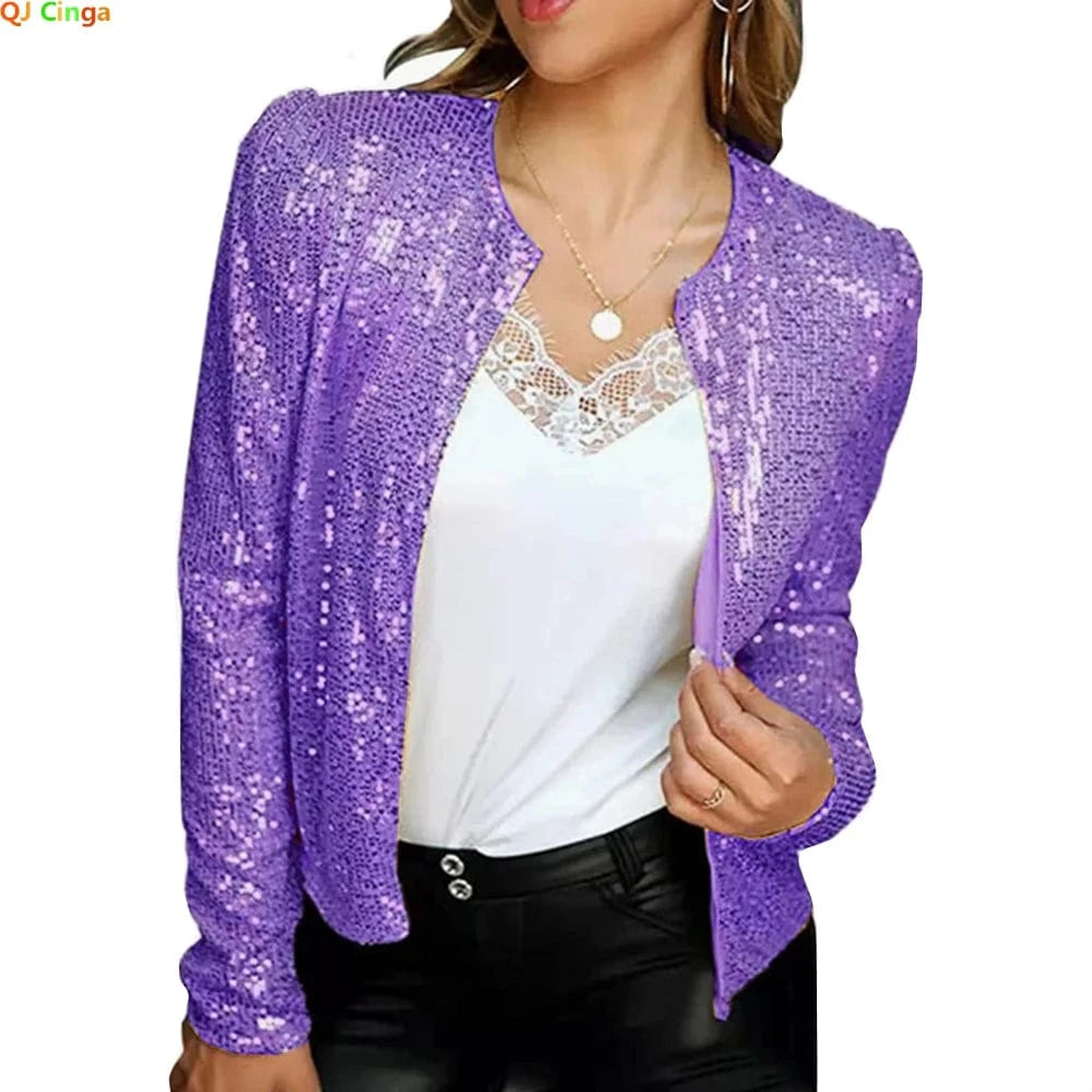 PURPLE / XL Gold Purple Shiny Sequins Round Neck Cardigan Jacket Women Fashion Short Coat Silver Blue Nothing Red Outerwear Female Overcoat