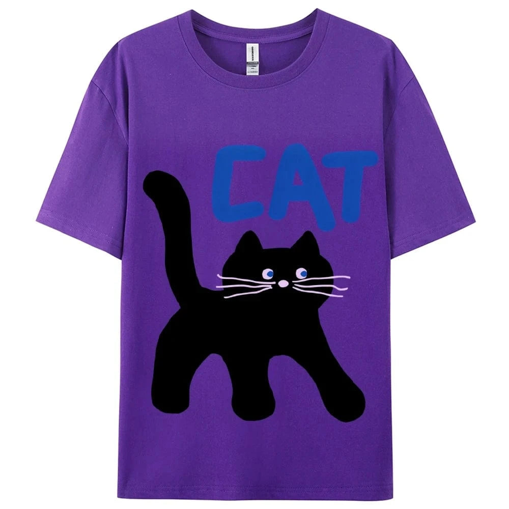 PURPLE / XS Women's Basic Crew Neck Tee Trendy Y2K Women's Short Sleeve Cartoon Cat Print Cute Aesthetic Cotton Casual T-Shirt