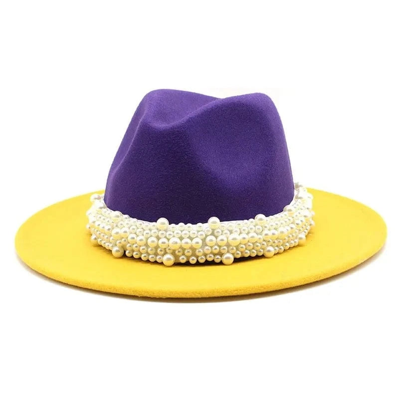 Purple yellow Women's Flip top British classic jazz wool hat big cornice fashion flat edge hat Pink Green Sorority Hat