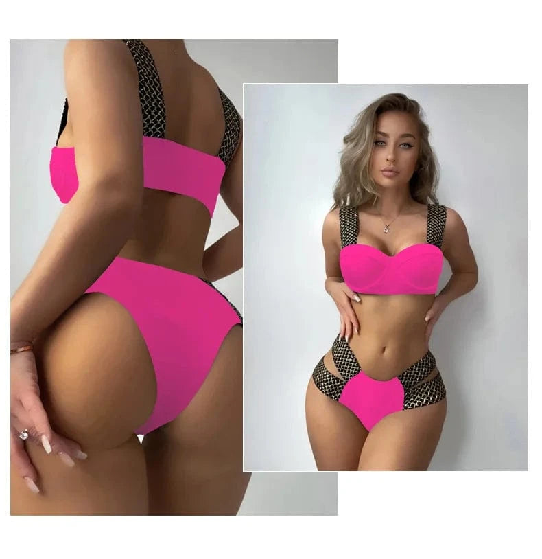 Push Up Swimsuit 2024 Women Solid Vintage Patchwork Swimwear High Waist Swimwear Bathing Suit