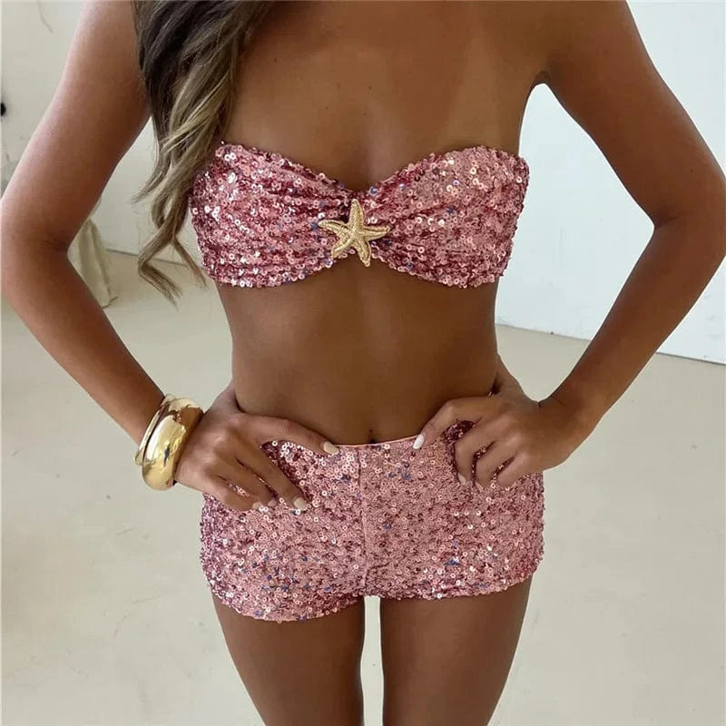 Q / L hirigin Women Sequin 2 Piece Outfit Sparkly Sexy Bodycon Sleeveless Halter Crop Top Split Mini Skirt Set Going Out Club Suit