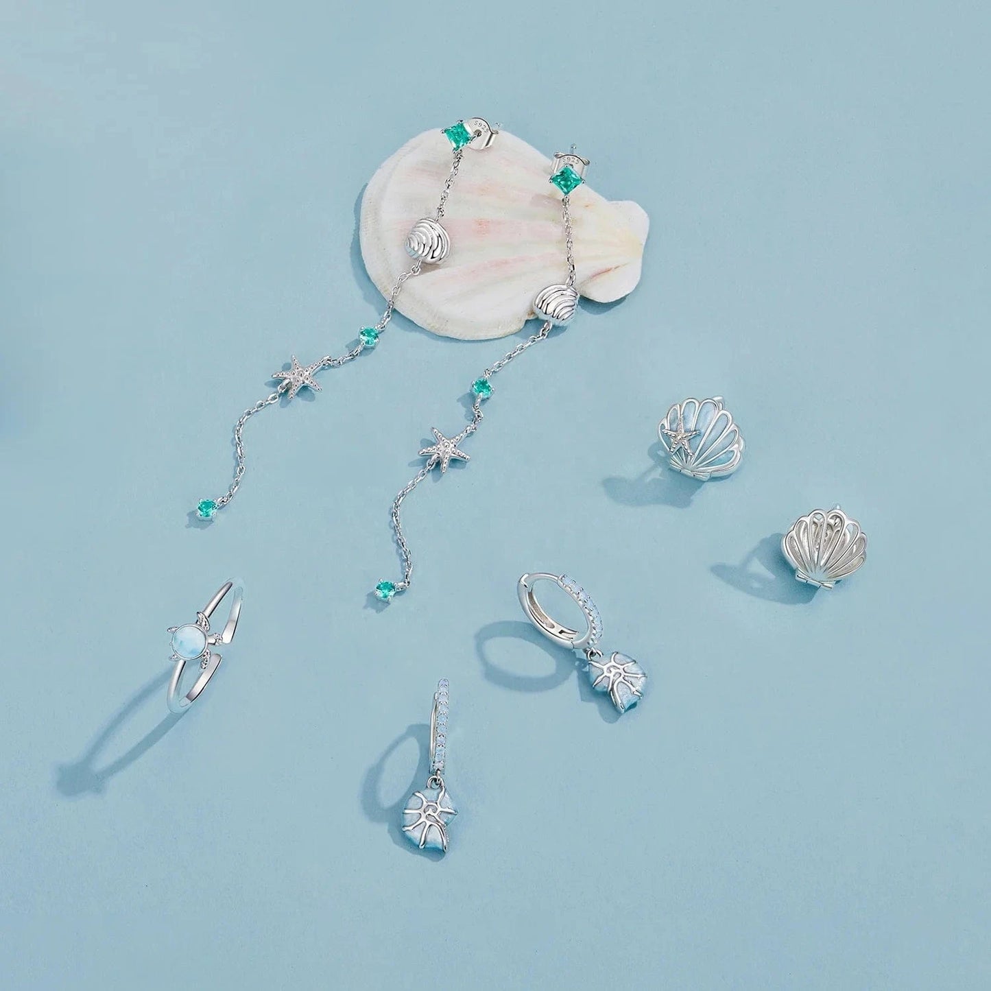 Qings Fashion Sterling Silver Jewelry Sets Fine Jewelry Marine Blue Ocean Conch Shell Turtle Bracelet Necklace Ring Earrings Set