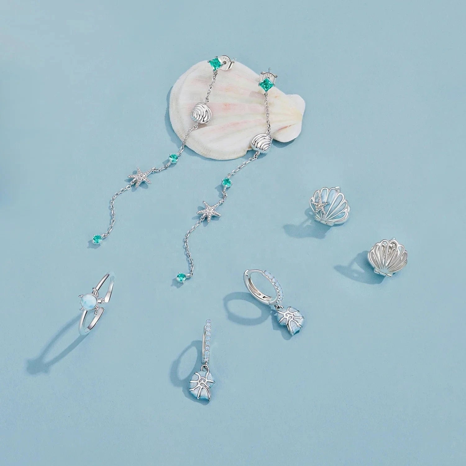 Qings Fashion Sterling Silver Jewelry Sets Fine Jewelry Marine Blue Ocean Conch Shell Turtle Bracelet Necklace Ring Earrings Set