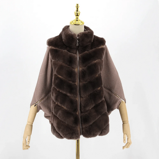 QIUCHEN QC22118 Ladies Knit Zipper Jacket Batwing Dolman Sleeved Coat With Real Rabbit Fur