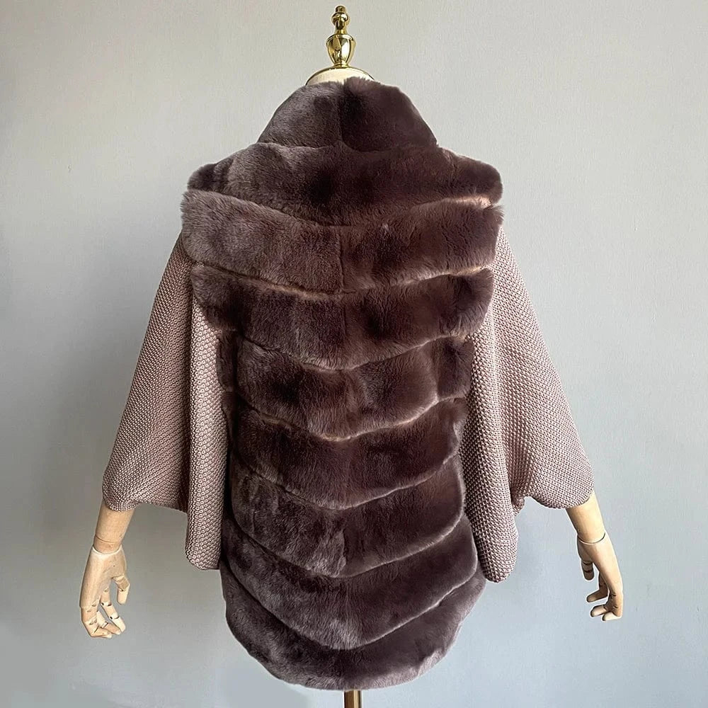 QIUCHEN QC22118 Women Stylish Real Thick Rabbit Fur Knit Sleeve Zipper Jacket Batwing Jacket