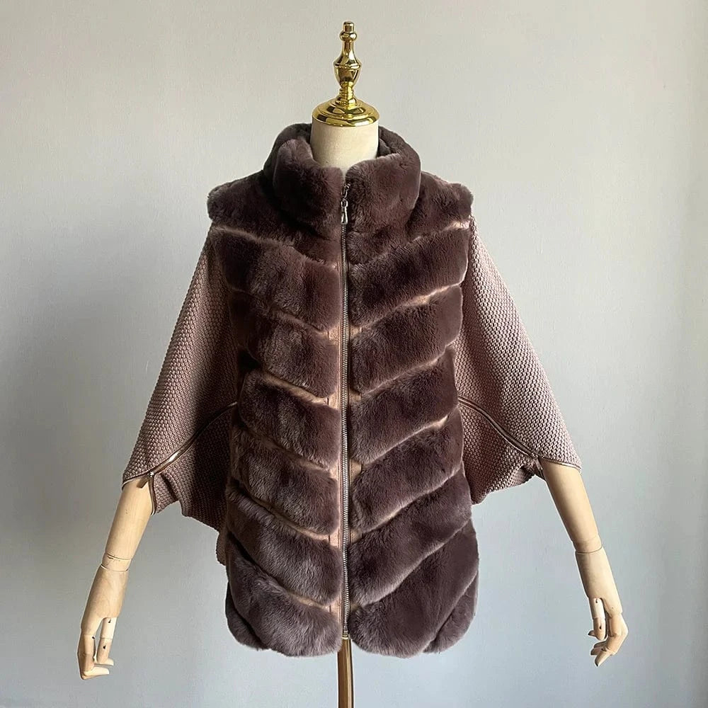 QIUCHEN QC22118 Women Stylish Real Thick Rabbit Fur Knit Sleeve Zipper Jacket Batwing Jacket