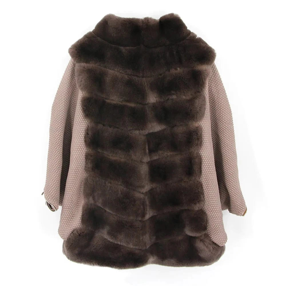 QIUCHEN QC22118 Women Stylish Real Thick Rabbit Fur Knit Sleeve Zipper Jacket Batwing Jacket