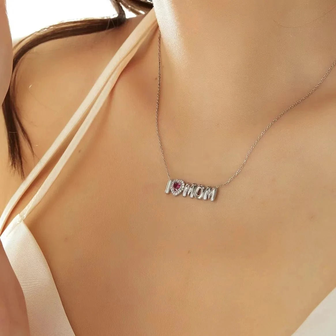 QIUHAN Balloon Letter Necklace for Mother's Day Gift With Heart Shinny Birthstone Bubble MOM Necklace