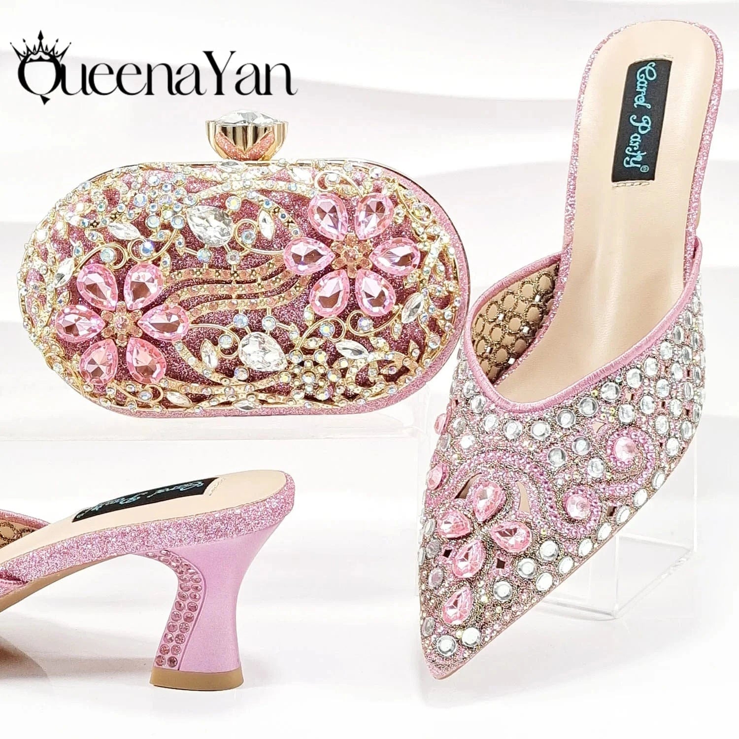 QSGFC New Design Specials Italian Women Heels Shoes and Bag in Pink Color Comfortable Heels With Rhinestone for Part
