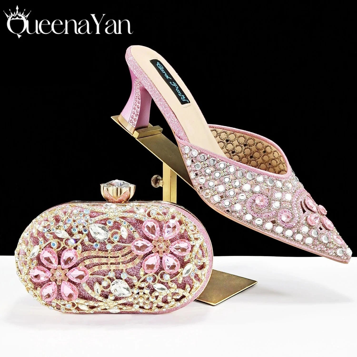QSGFC New Design Specials Italian Women Heels Shoes and Bag in Pink Color Comfortable Heels With Rhinestone for Part