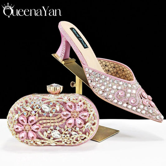 QSGFC New Design Specials Italian Women Heels Shoes and Bag in Pink Color Comfortable Heels With Rhinestone for Part