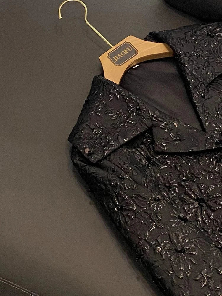 Quality Black Luxury Fine Workmanship Jacquard Beading Lady Office Wear Long Sleeve Women Spring Stylish Short Blazer