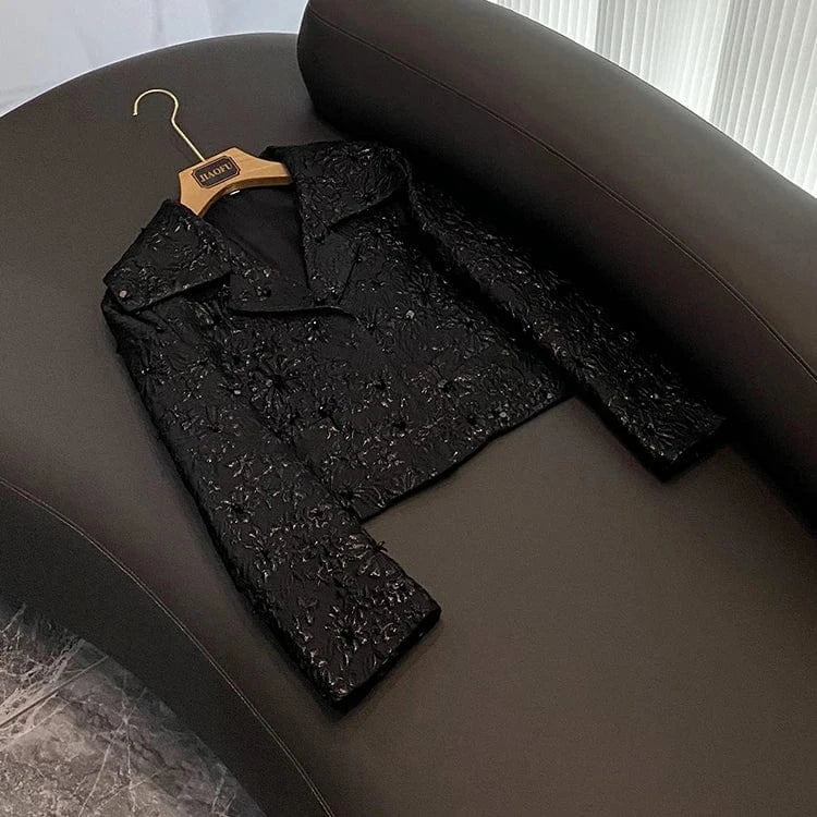 Quality Black Luxury Fine Workmanship Jacquard Beading Lady Office Wear Long Sleeve Women Spring Stylish Short Blazer