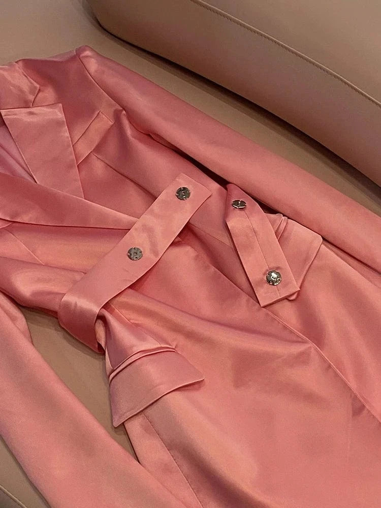 Quality Satin Lady Designed Elegant Style Office Solid Long Sleeve Wear Women Short Mini Pink Blazer Dress