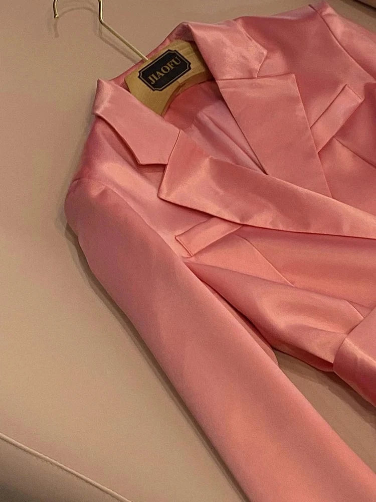 Quality Satin Lady Designed Elegant Style Office Solid Long Sleeve Wear Women Short Mini Pink Blazer Dress