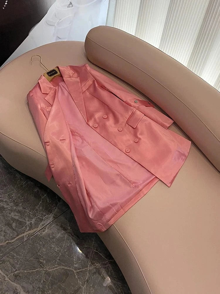 Quality Satin Lady Designed Elegant Style Office Solid Long Sleeve Wear Women Short Mini Pink Blazer Dress