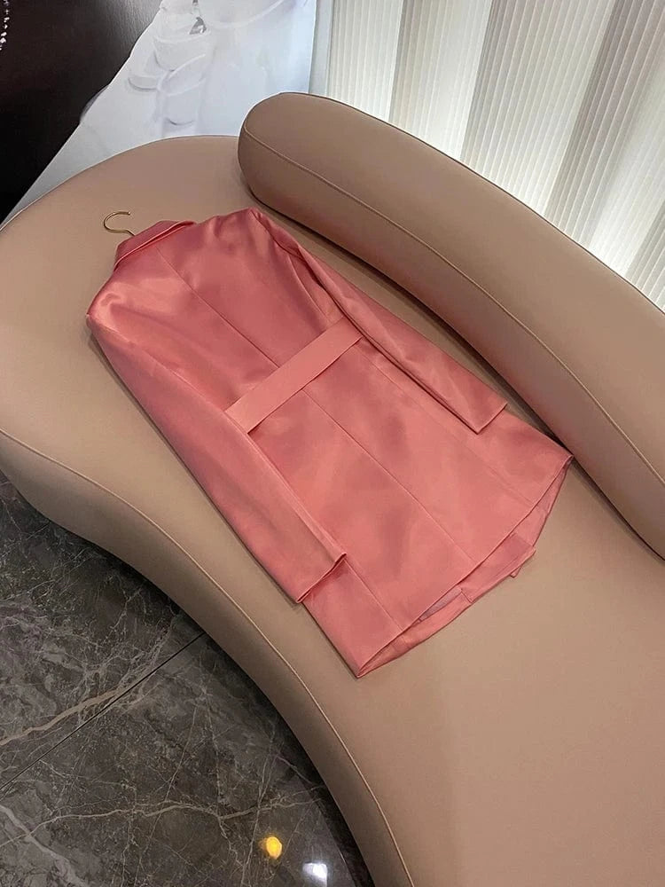 Quality Satin Lady Designed Elegant Style Office Solid Long Sleeve Wear Women Short Mini Pink Blazer Dress