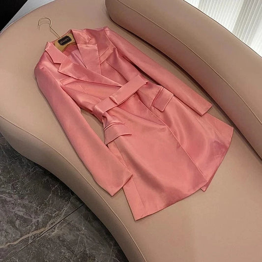 Quality Satin Lady Designed Elegant Style Office Solid Long Sleeve Wear Women Short Mini Pink Blazer Dress