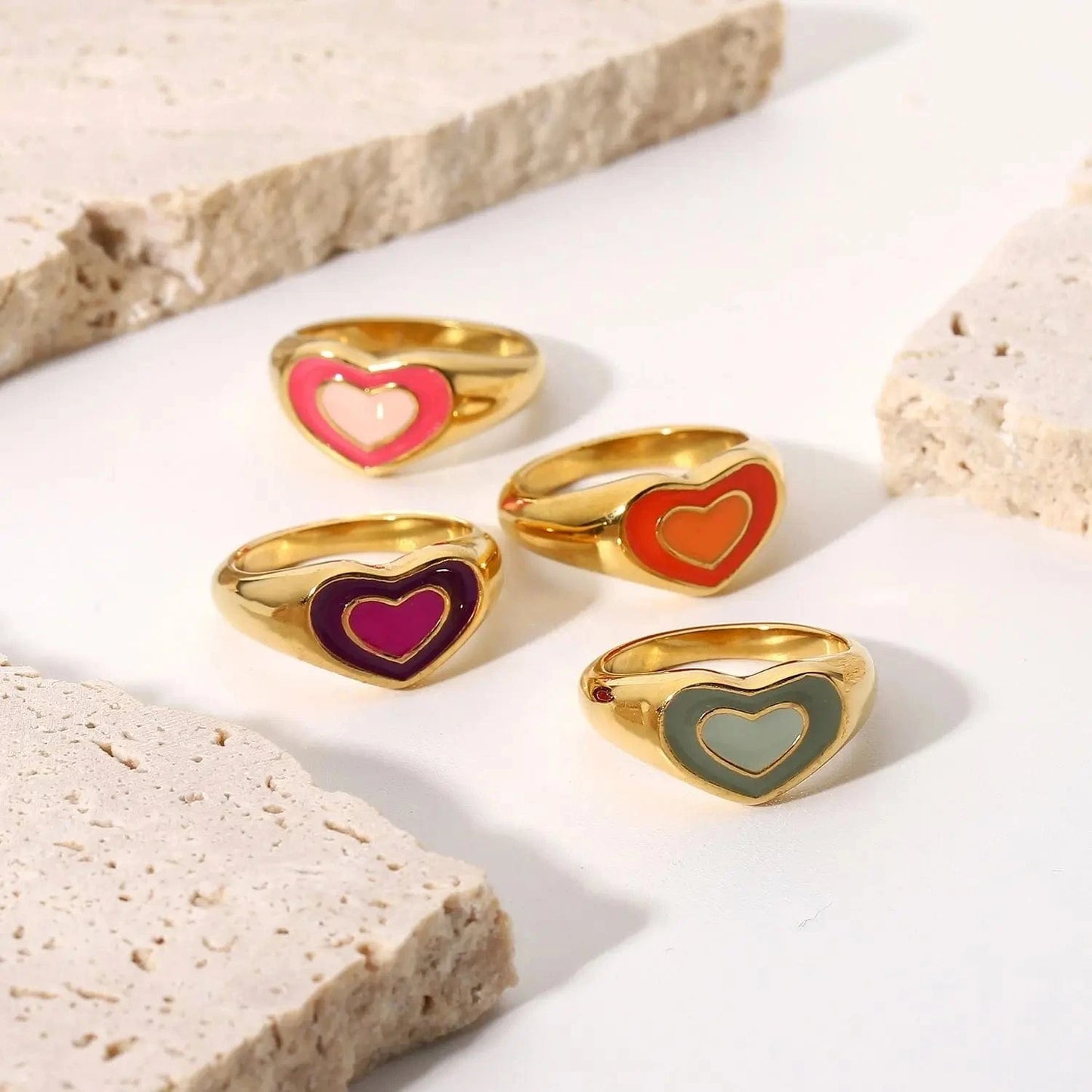 R1852 Tarnish Free Summer Jewelry Stainless Steel Colorful gold plated Rings heart Ring Finger Chunky Rings