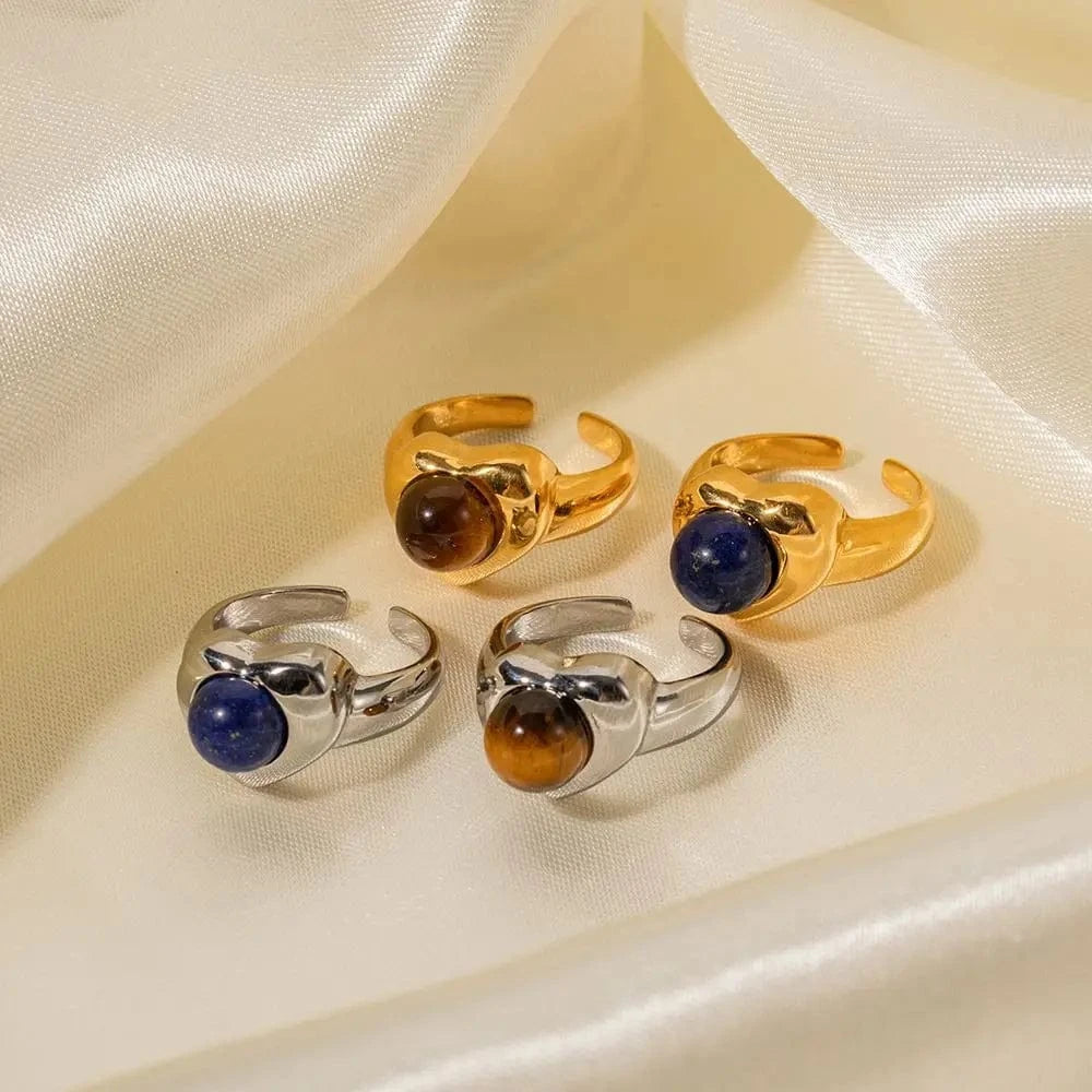 R1858 Arrival 18K Gold Plated Lapis Stone Love Rings Jewelry Stainless Steel Tiger Eye Stone Heart Open Ring