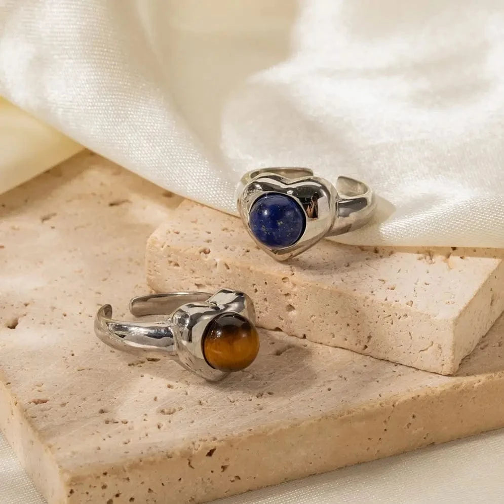 R1858 Arrival 18K Gold Plated Lapis Stone Love Rings Jewelry Stainless Steel Tiger Eye Stone Heart Open Ring