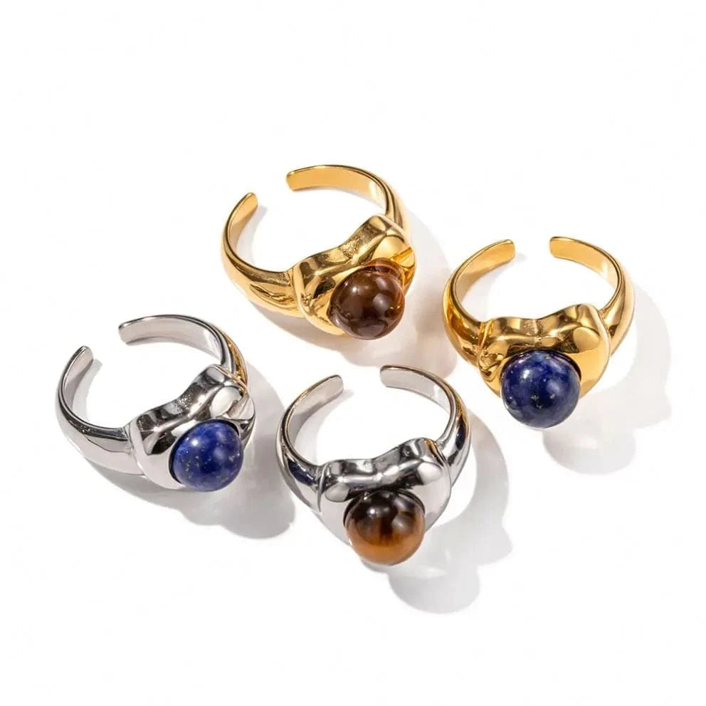 R1858 Arrival 18K Gold Plated Lapis Stone Love Rings Jewelry Stainless Steel Tiger Eye Stone Heart Open Ring