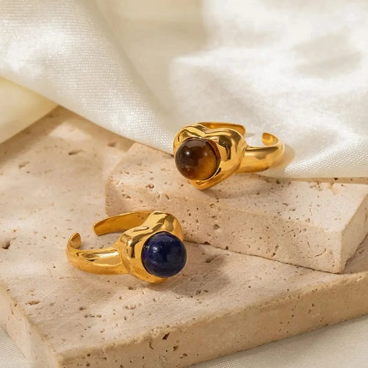 R1858 Arrival 18K Gold Plated Lapis Stone Love Rings Jewelry Stainless Steel Tiger Eye Stone Heart Open Ring