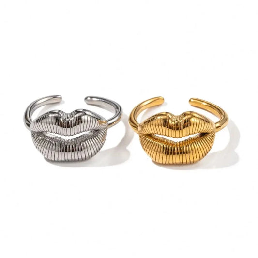 R1859 Chunky Jewelry 18K Gold Plated Lip Design Finger Rings Gift Stainless Steel Texture Lip Open Ring for Girls