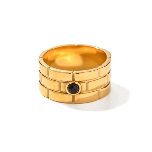 R1915 Wide Black Onyx Stone Ring 18k PVD Stainless Steel Texture Band Chunky Ring Gorgeous Gold For Women