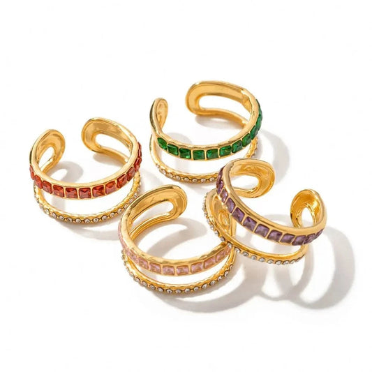 R1918 Geometric 18K Gold Plated Layered CZ Stone Ring Jewelry Stainless Steel Green Double Layer Clear Cubic Zirconia Open Ring