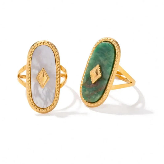 R1920 Arrival Natural African Stone Ring Jewelry 18K Gold Plated Stainless Steel Oval Natural Shell Punk Ring