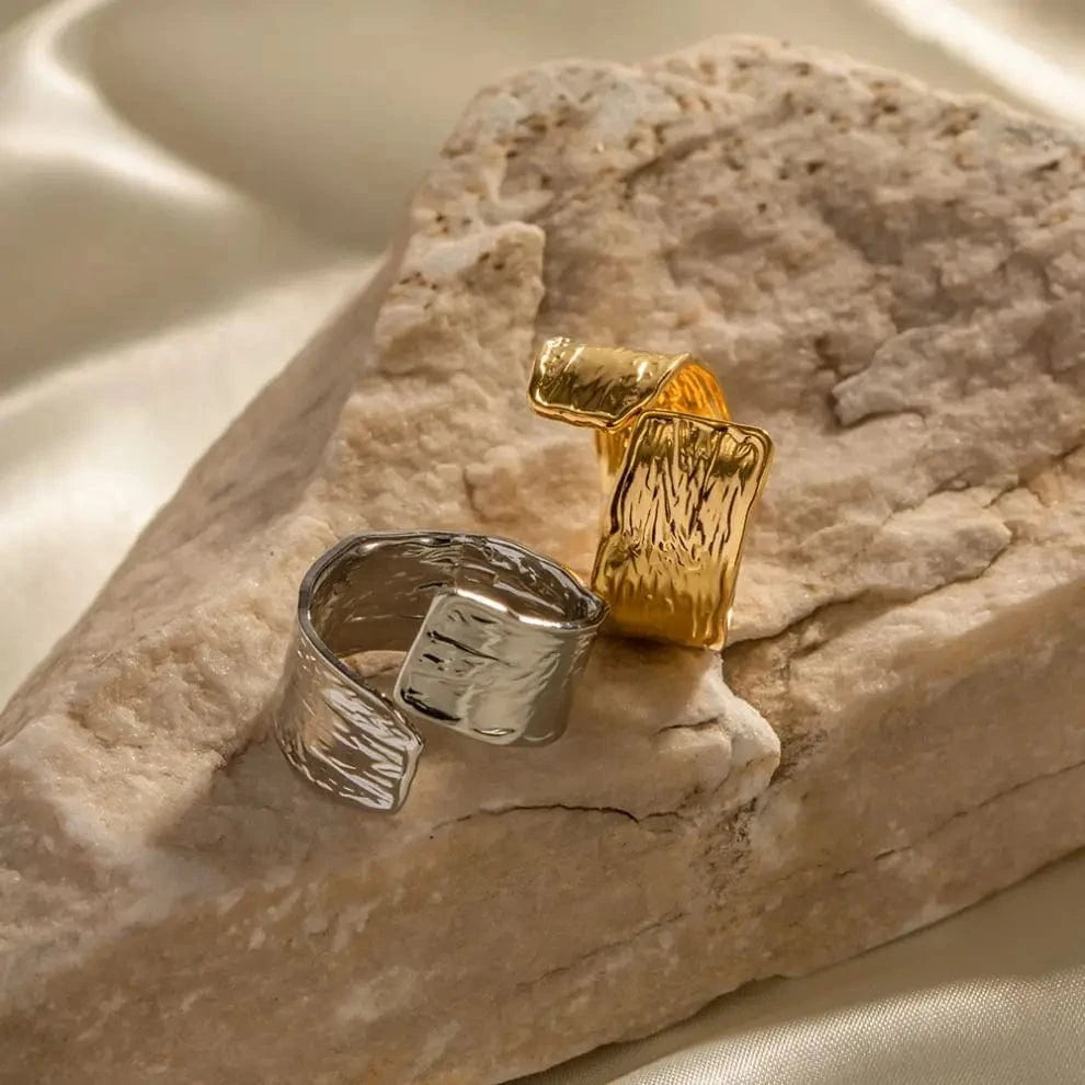 R1964 Geometric Jewelry Gold Silver Plated Stainless Steel Wide Texture Pleated Open Ring for Girls